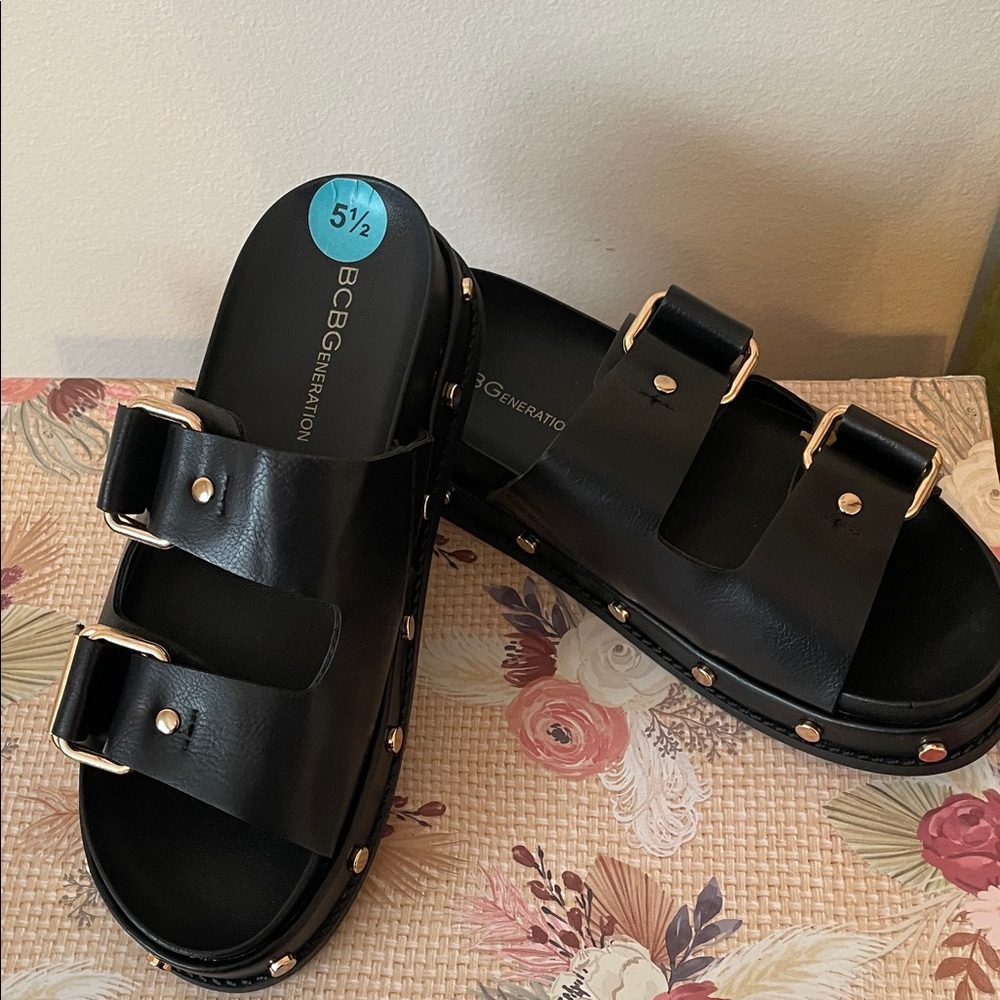 BCBGeneration Black Sandals with Gold Buckles